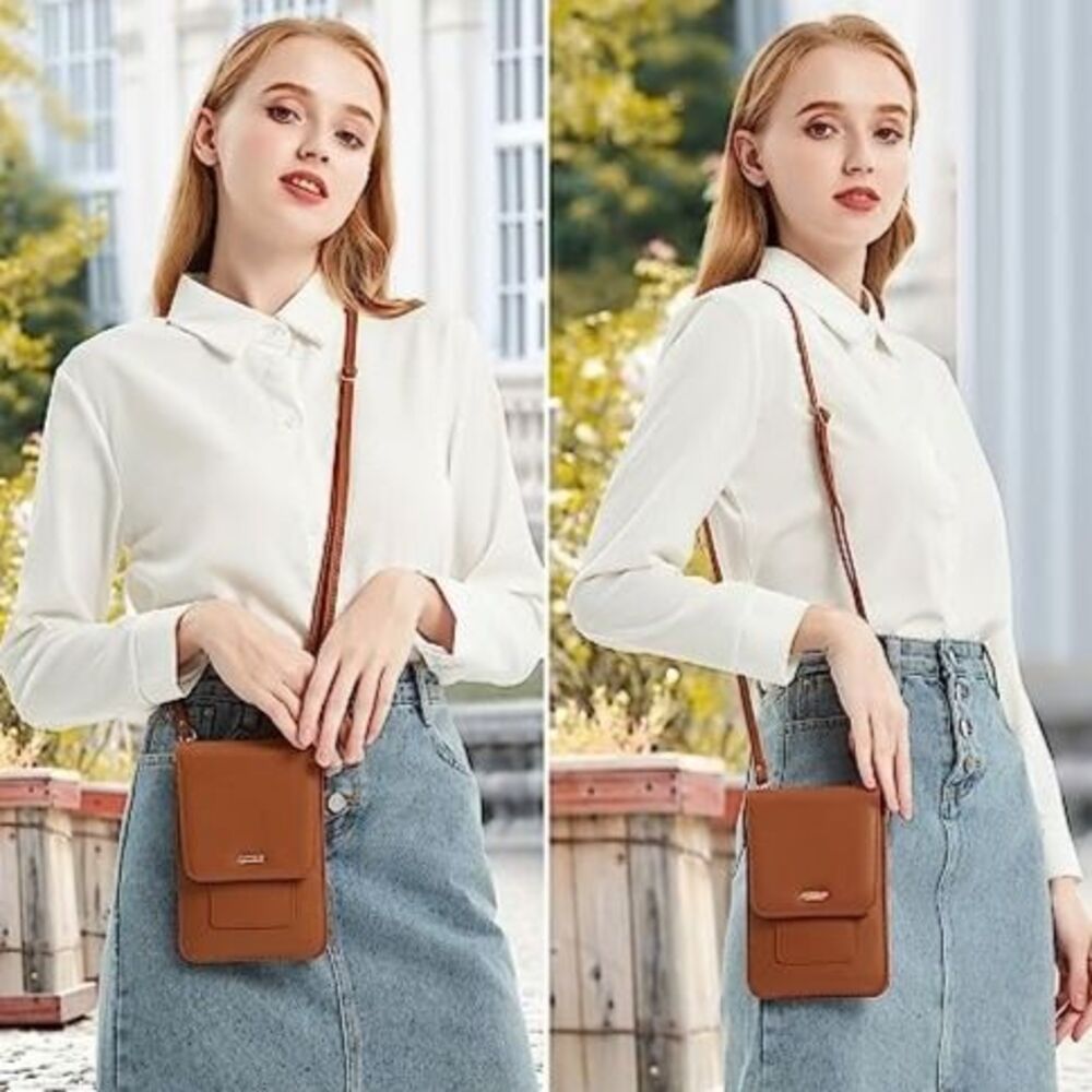 Women's Vegan Leather Carmel Brown Cell Phone Crossbody Bag With RIFD Protection - Picture 2 of 6